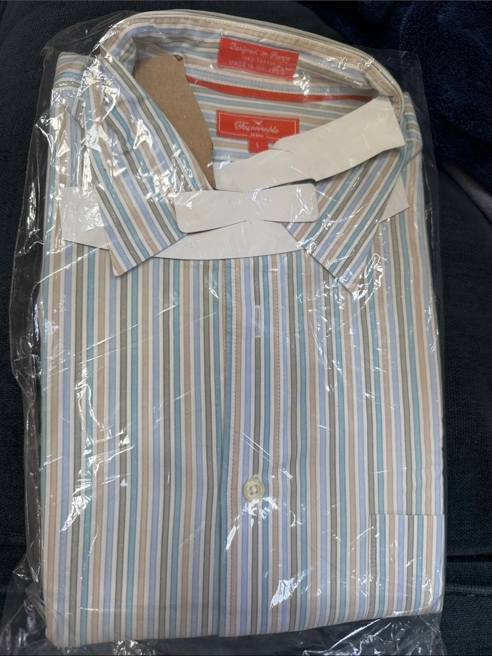 Faconnable Blue, Tan & White Striped Dress Shirt